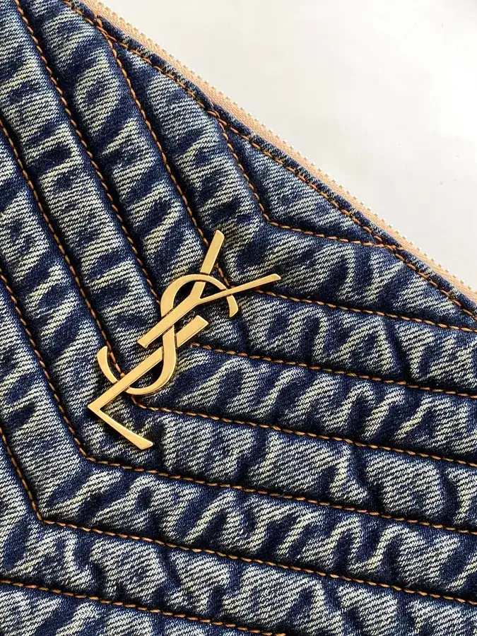 Saint Laurent Paris Denim Fabric Gold Zip Handbag