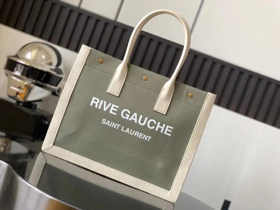 Rive Gauche Tote Bag Luxury Shopping Bag with Custom Canvas and Metal Details
