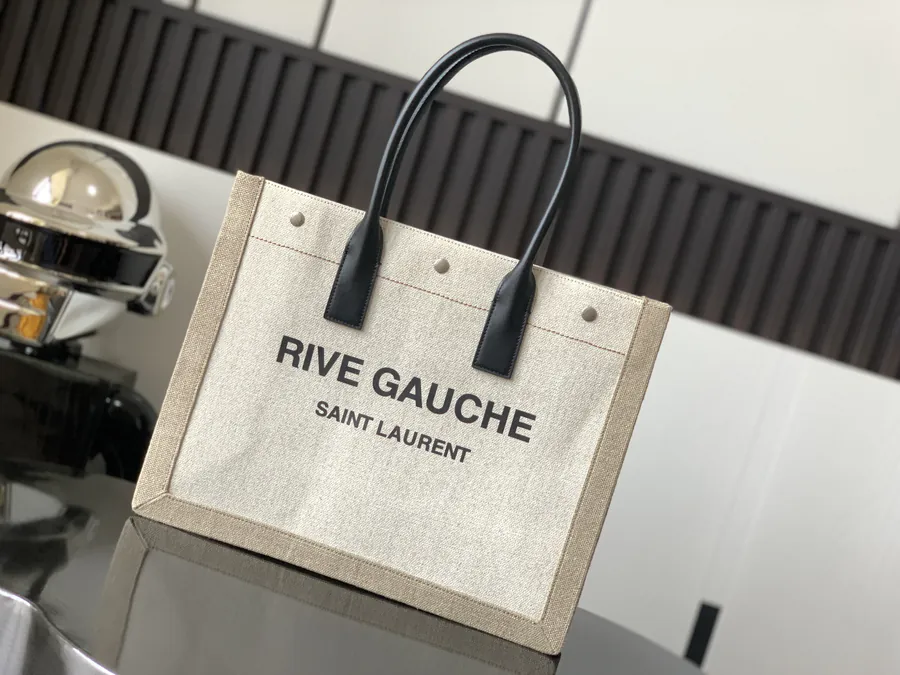 Rive Gauche Tote Bag White with Beige Trim